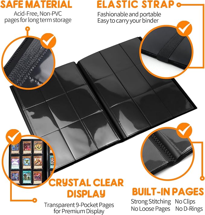 Trading Card Binder 9 Pocket, 360 Card Waterproof Folder with Side Loading Sleeves, Sturdy Card Collection Album for MTG, TCG, Game Cards & Sports Cards, 5 Pack, Black
