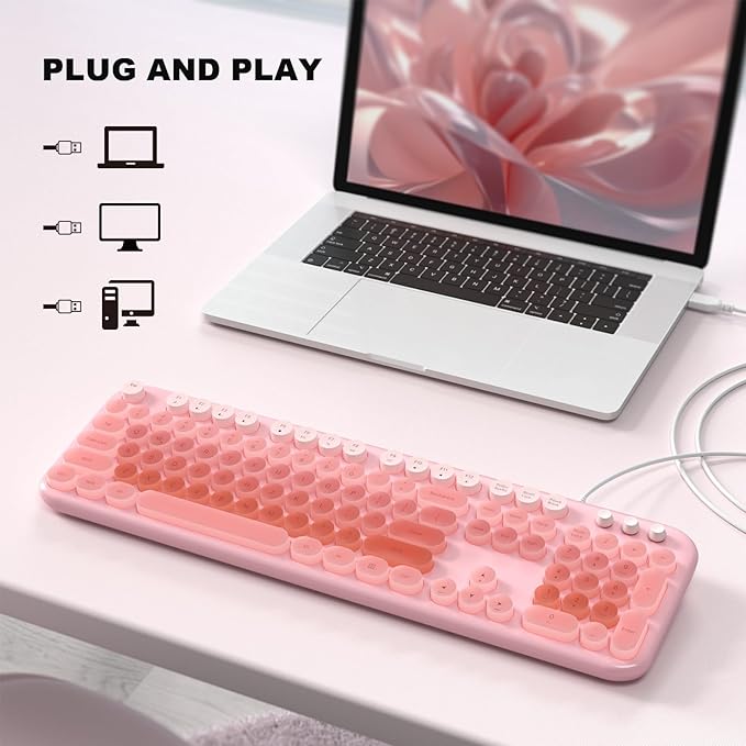 Computer Keyboard Wired, Plug and Play USB Retro Round Typewriter Keyboard, Full Size Wired Keyboard with Foldable Stands for Laptop and Office PC