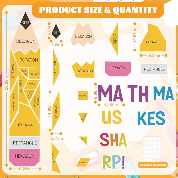 21Pcs Math Bulletin Board Decorations Sets, Pencil Decorations for Classroom, Educational Math Makes Us Sharp Geometry Paper Cutouts for Back to School Teachers Supplies Window Door Wall Decor