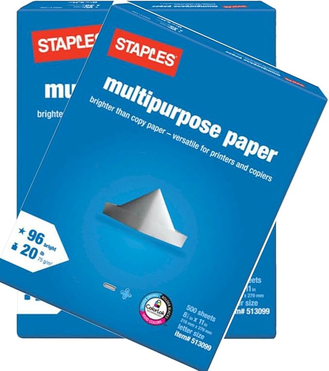 2 Pack: Staples Multipurpose Copy Fax Laser Inkjet Printer Paper, 8 1/2 Inch X 11 Letter Size, 20 Lb, 96 Bright White, Acid Free, Ream, 500 Sheets Each (1,000 Sheets Total)