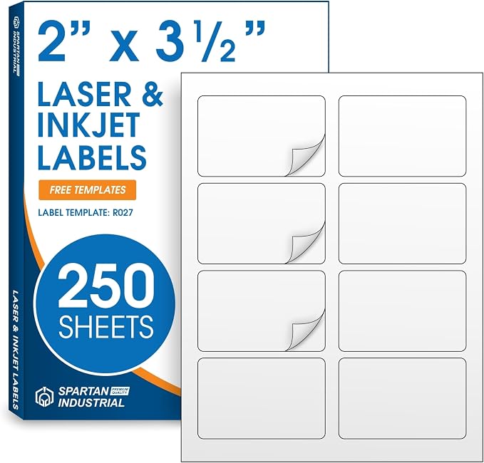2" X 3.5" Matte White Printable Labels for Inkjet and Laser Printers | 250 Sheets, 2000 Total Custom Stickers for Shipping Labels, Product Labeling, Addresses - Spartan Industrial Template R027