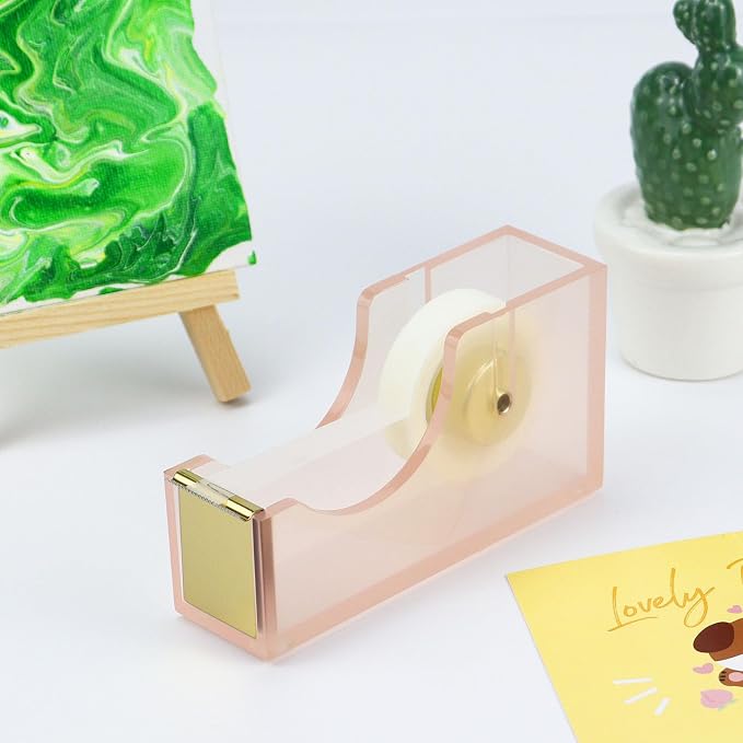 MultiBey Acrylic Pink Tape Dispenser for Desk with 1 Roll Tape, Cute | Heavy Duty Nonslip Base Tape Cutter Holder with 1 Roll Tape | Aesthetic Clear Acrylic Desk Organizer for Office & Home