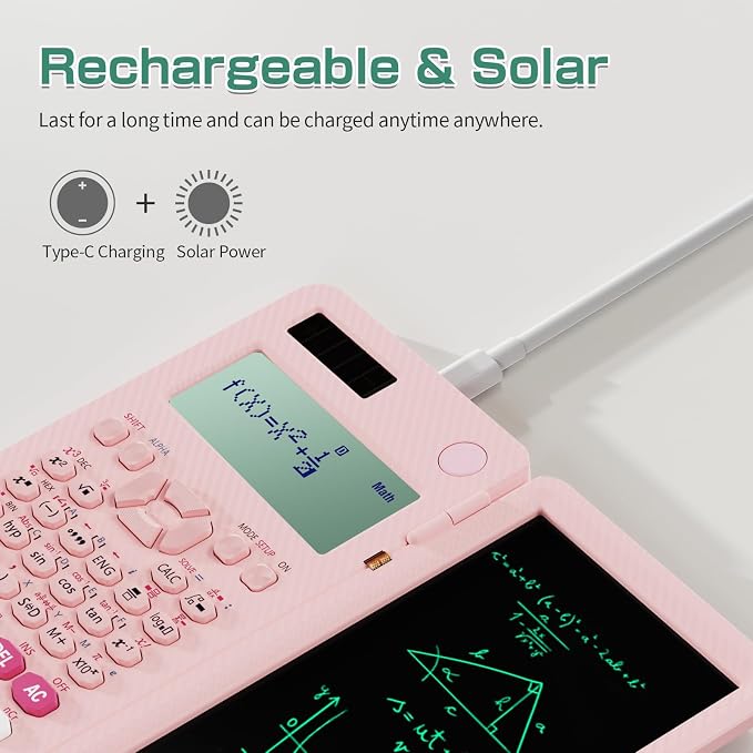991ES MAX 417 Functions Scientific Calculators 4-Line Display with Notepad | ROATEE Rechargeable CalcNote, Foldable Portable for High School College Students and Teacher Back to School Supplies(Pink)