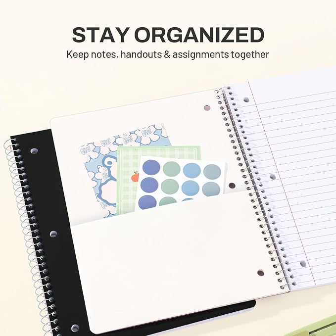 SUNEE Spiral Notebook, 1-Subject, Wide Ruled Paper, 8" x 10-1/2", 100 Sheets per Notebook, 3-Hole Punched Paper, Water Resistant Cover, Double-sided Pockets, Spiral Lined Notebooks for School, Black