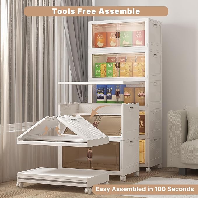 600QT Stackable Storage Bins with Lids,Doors & Wheels | Closet Organizers and Storage Cabinet, Lockable Plastic Foldable Drawers for Bedroom Dorm Office Garage（120QT*5,White）