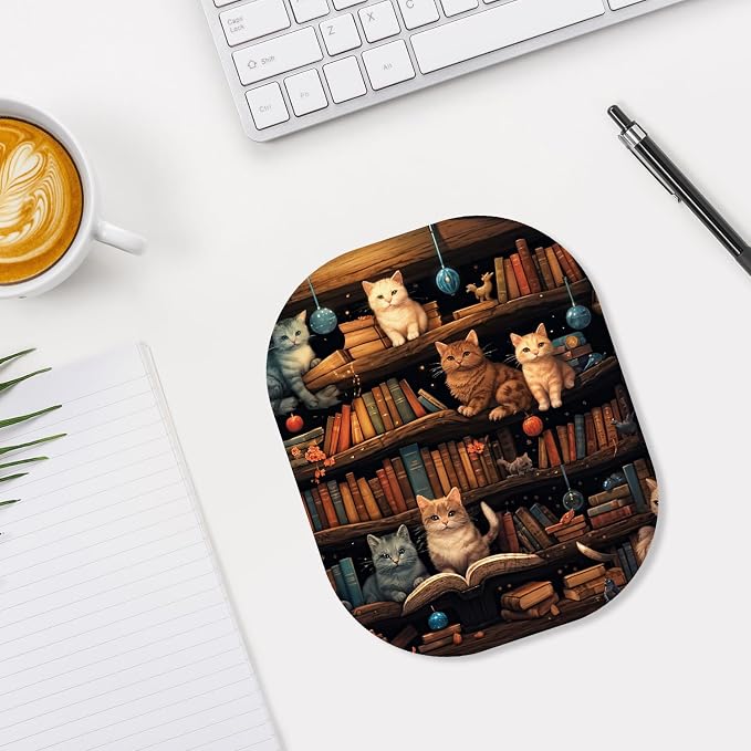 Small Mouse Pad, 6 x 7 Inch, Oval Mini Mouse Pad with Non-Slip Rubber Base for Laptop Wireless Mouse Keyboard Tray Mousepad, Cat on the Shelf