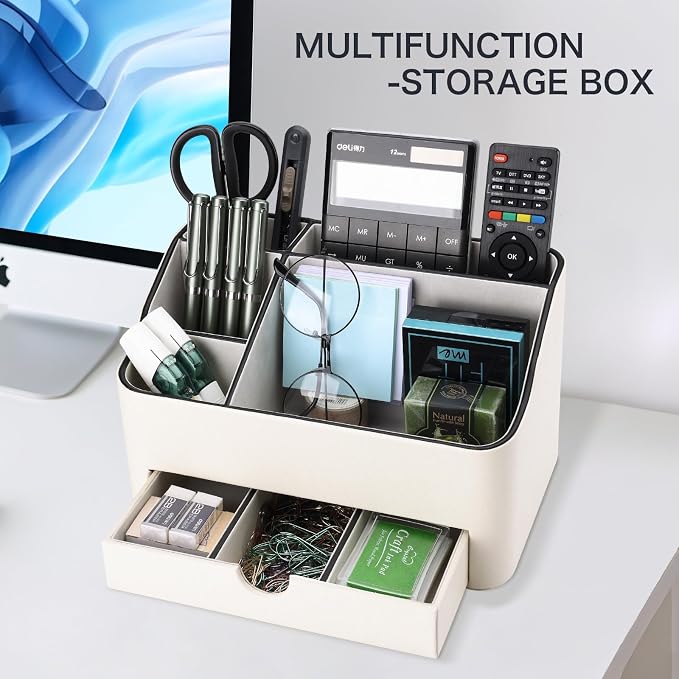 PU Leather Desk Organizer with Drawer, 5 Compartments Desktop Storage Caddy for Office Home Supplies, Pen Holder for Remote Control, Phone & Accessories, Mail Organizer Countertop Ivory White