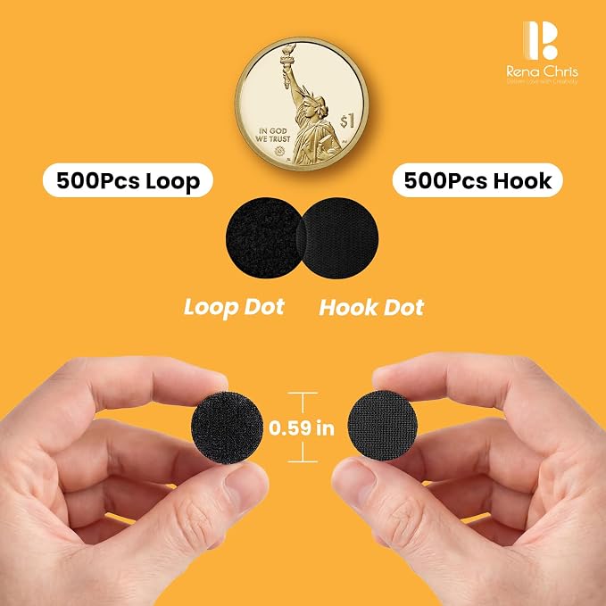 Self Adhesive Dots, Strong Adhesive 1000pcs (500 Pairs) 0.59" Diameter Sticky Nylon Dots, Hook & Loop Dots with Waterproof Sticky Glue Tapes, Suitable for Classroom, Office, Home (Black)