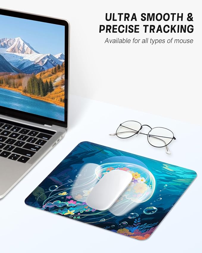 Mouse Pad, Cute Mouse Mat, 10" x 8", Colorful Jellyfish | Square Waterproof Gaming Computer Mat, Textured Top, Stitched Edges, Non-Slip Rubber Base for Office Home Laptop Keyboard