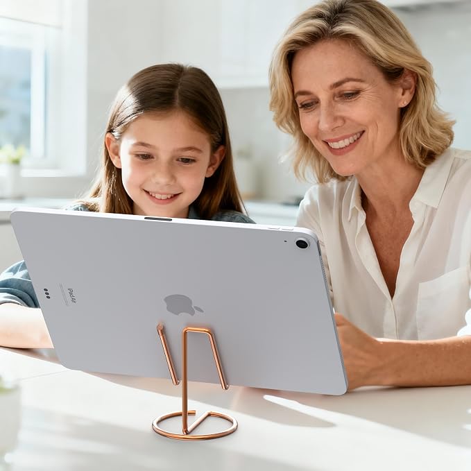 Metal Cell Phone Stand for Desk, Cute One-Piece Phone Holder, Stable Desktop Display Dock for iPhone, iPad, Samsung, Tablets & All Mobile Phones, Rose Gold