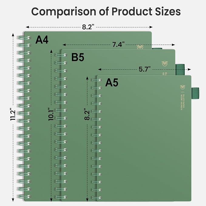 EMSHOI Lined Spiral Journal Notebook, 300 Pages, A4 Size (8.2'' x 11.2'') | College Ruled, 100 GSM Thick Paper, Flexible Plastic Cover, for School, Writing, Work, Office & Journaling (Dark Green)