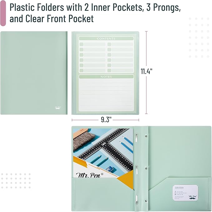 Mr. Pen- Plastic Folders with Pockets and Prongs, 15 Pack, Letter Size, Assorted Pastel Colors, Flexible Plastic Folders with Prongs, Clear Front Pocket and Card Slot