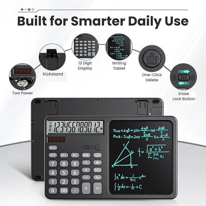 Desk Calculator with 7" LCD Writing Tablet, Stable Foldable Kickstand with Ergonomic 15° Viewing Angle, 12-Digit Large Display, Solar & Battery Dual Power, 2-in-1 Notepad Calculator -Black