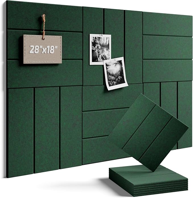 28" x 18" Cork Board Alternative, Wide Stripe, Pine Green | 6-Pack Felt Pin Board Tiles, 30 Adhesive Tabs, Custom Wall Layout, Photo Display, Memo Board, Office, Classroom, Dorm