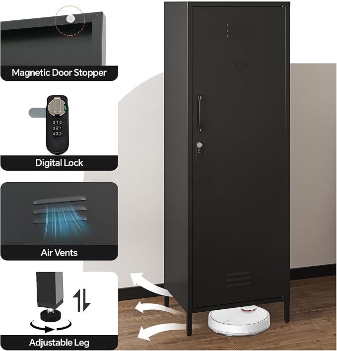Metal Locker Storage Cabinet with Adjustable Shelves, 59" H Black Locking Tool File Cabinets Kids Snack Locker Organizer for School Classroom,Gym Home Office,Entryway and Hallway