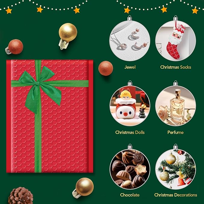 Fuxury Bubble Mailers 6x10" Christmas Padded Envelopes 25 Pack Usable Size 6x9" Thick Mailing Envelopes Bubble Opaque Padded Mailers Shipping Bags for Mailing Jewelry Makeup Small Business #0 Red