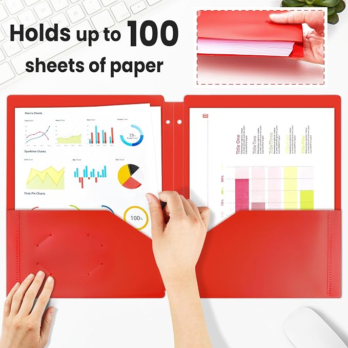 SUNEE 3-Hole Pocket Folders - 5 Pack Assorted Colors, Recycled Plastic, 3-Ring Binder Folders with Pockets for Kids, Students, Teachers, Office