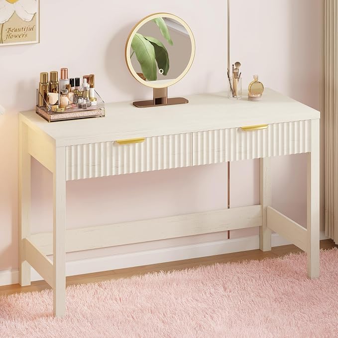 47 Inch Small Fluted Computer Desk with 2 Drawers for Bedroom, Home Office | Small Computer Desk with Storage for Bedroom, Compact Writing Study Desk for Small Spaces, Warm White