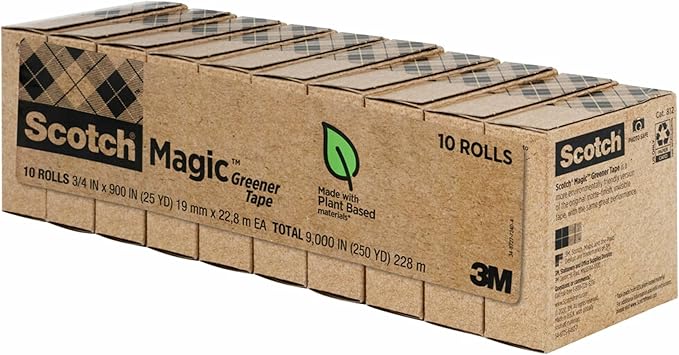 Scotch Magic Greener Tape, 10 Rolls, Numerous Applications, Invisible, Engineered for Repairing, 3/4 x 900 Inches, Boxed (Pack of 12)