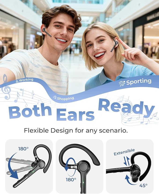 Bluetooth Headset V5.4, Bluetooth Earpiece with 500mAh Charging Case, 50H Talk Time Wireless Headset with Mic for Computer Cell Phones, Hands Free Noise Canceling Headphones for Work Trucker