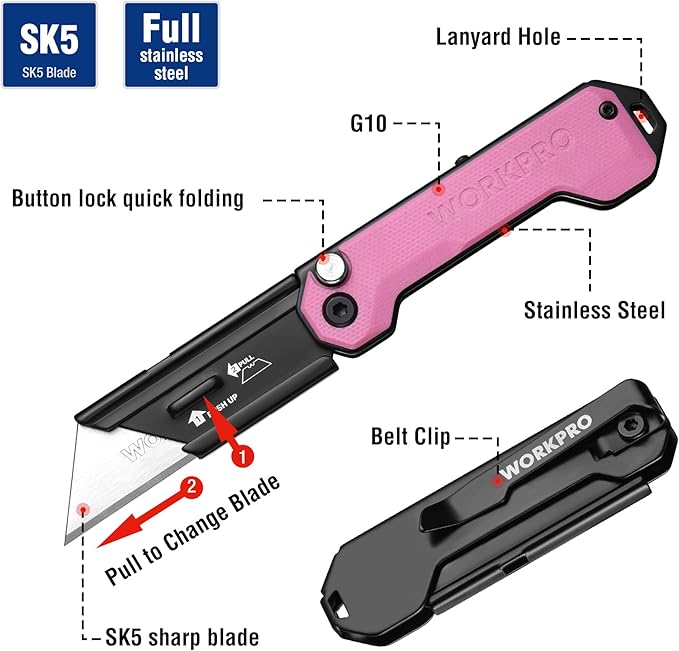 WORKPRO EDC Folding Utility Knife, Mini Box Cutter with Quick Open Axis Lock, Quick Change Blade Razor Knife, Foldable Small Pocket Knife with Belt Clip