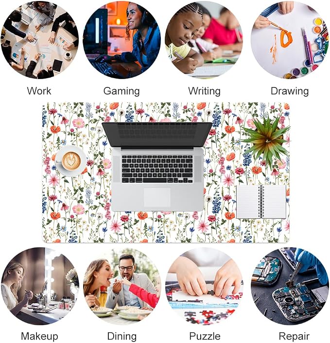 Colorful Star Large Mouse Pad, Watercolor Floral Desk Mat Office Supplies, Waterproof Faux Leather Big Gaming Mousepad for Women Girls, Flowers Desk Pad Home Office Décor Accessories 23.6" x 13.8"