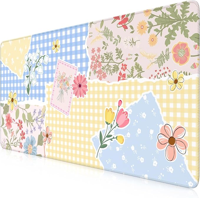 iCasso Aesthetic Checkered Desk Mat with Floral Design, Butter Yellow | XXL Mouse Pad and Keyboard Mat, Cute Flower Mousepad for Grily Desktop Decor, Office Home Laptop Accessories