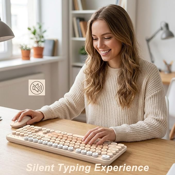 Wireless Keyboard and Mouse, Full-Sized Typewriter Keyboard Silent, Creamy | USB Full-Sized Quiet Keyboard, Cute Colorful Round Keycaps, Plug & Play, Compatible with PC, Computer, Laptop