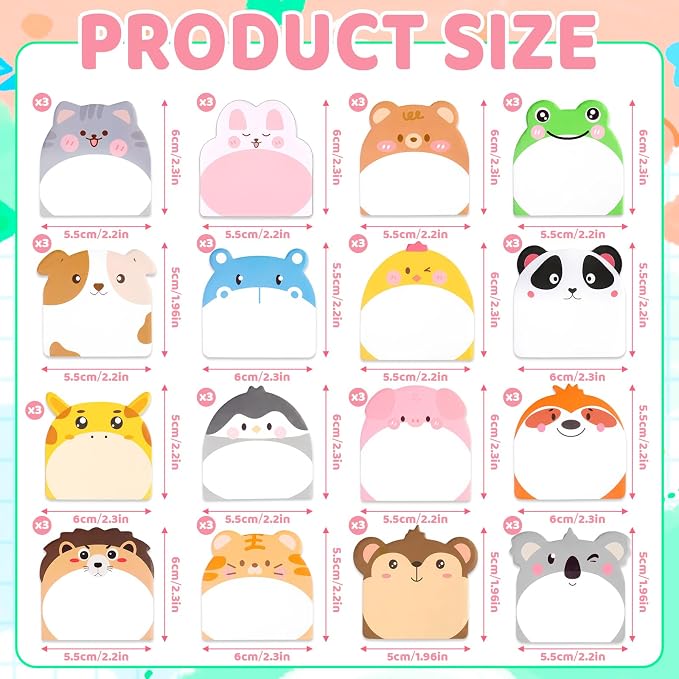 48 Pads 960 Sheets Cute Sticky Notes, Kawaii Fun Animal Sticky Notes Mini Cartoon Notes Pads Bulk Memo Self Adhesive for Home Office School Party Supplies