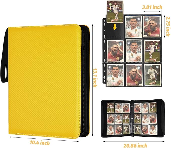 GERMUN 3 Ring 9 Pocket Zipper Card Binder, 720 Double Sided Standard PU Trading Card Album Folder for TCG & Sports Cards, Not Fit Top Loaders (yellow)