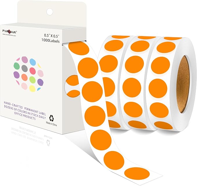 PARLAIM 1/2 Inch Round Permanent Adhesive Color-Code Dot Stickers,1000 Stickers Roll dots Label Dispenser Box Orange Circle Stickers Labels (Orange)