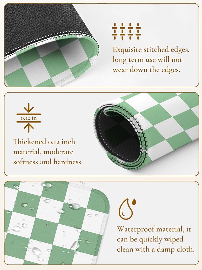 Square Cute Checkered Mouse Pad with Stitched Edge, Premium Waterproof Cloth Aesthetic Small Plaid Mouse Mat, Non-Slip Rubber Base Funny Mousepad Desk Accessories,Checkerd Green White