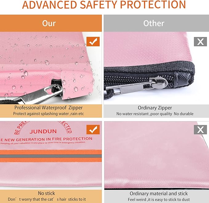 JUNDUN Fireproof Document Bag,14.2”x 10.0”Waterproof and Fireproof Money Bag with Aluminum Foil Lining,Fireproof Safe Storage Pouch with Zipper for Document and Cash,Pink