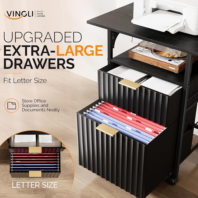VINGLI 2 Drawer File Cabinet with 24'' Extended Desktop, Fluted Filing Cabinet Mobile Under Desk File Cabinet with Wheels, Fabric Drawers Printer Stand for Home Office, Fits Letter Size, Black