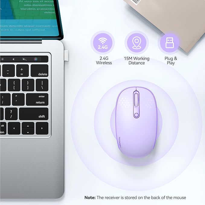 TECKNET Compact Ambidextrous Wireless Mouse for Laptop Purple | 2.4G Quiet Computer Mouse with USB Receiver, 3 Adjustable DPI Portable Cordless Mice for Chromebook, Laptop, PC, Mac