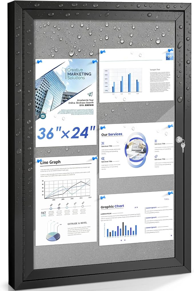 SWANCROWN 36x24 in Outdoor Bulletin Board Wall Display Case, Black Frame | Enclosed, Shatterproof, Weather Resistant, Grey Felt，Black aluminum frame, Notice Board for Office School Business Community