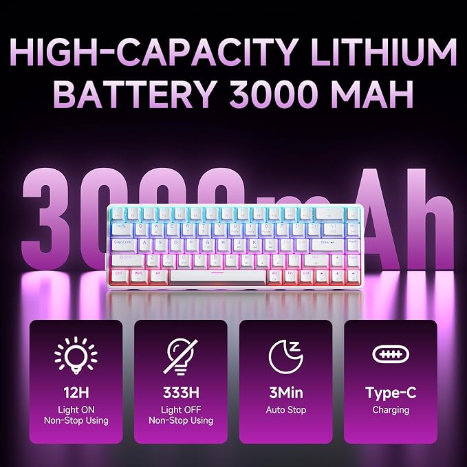 DIERYA DK68 60% Wireless Mechanical Gaming Keyboard, 3-Mode, Bluetooth 5.0/2.4G/USB-C, RGB Backlit, 68-Key Compact Mini for Windows, Mac, Linux - Linear Red Switch - White