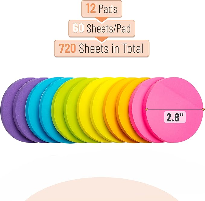 Mr. Pen- Round Sticky Notes, 12 Pads, 720 Sheets, 2.8" x 2.8" Colorful Sticky Notes Bulk, Stocky Notes for Bible Journaling