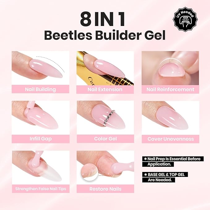 Beetles Builder Gel for Nails HEMA-Free with Base & Top Coat,Nail Protection Trio Set 3 Pcs Strengthening Nail Apex Building Extension for Beginner DIY Salon at Home,Clear Building Gel,UV & LED Cured