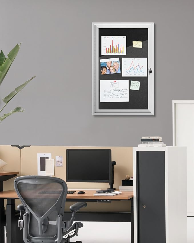 Mifuro 36"x24" Enclosed Bulletin Board, Outdoor Lockable Weather-Resistant Aluminum Cork Noticeboard for School & Office, Silver Frame w/Black Flet