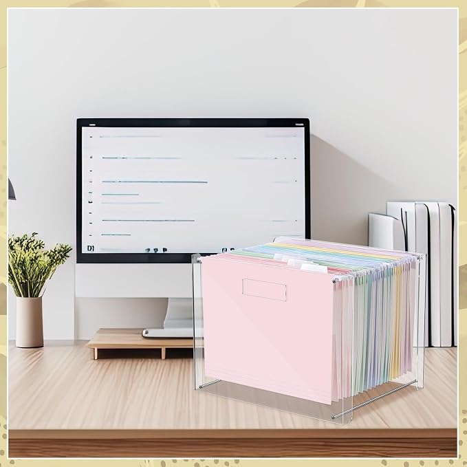 Dispowreath 24 Hanging File Folders Acrylic Desktop Organizer,Pastel | Clear Acrylic Box with Handles, Letter A4 Compatible, Colorful Tab Labels Included, for Classroom Office,Back to School