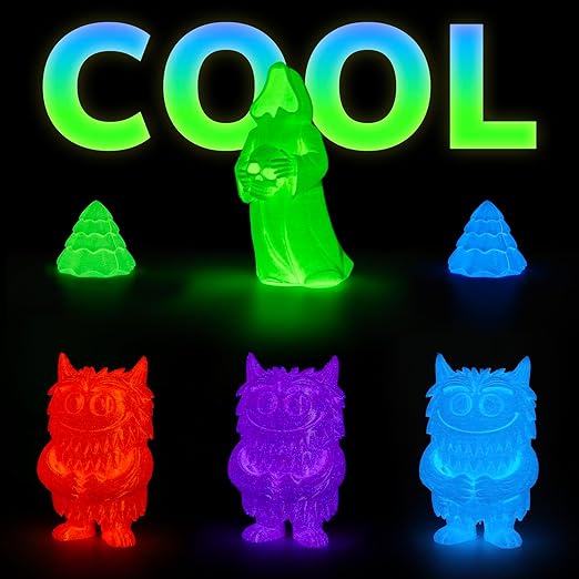 AMOLEN Silk Glow in The Dark Filament Multicolor, Glow Filament Silk Green, Blue, Purple, Orange Red 1.75mm PLA Filament, Dimensional Accuracy +/- 0.02 mm, 200g X 4 Pack