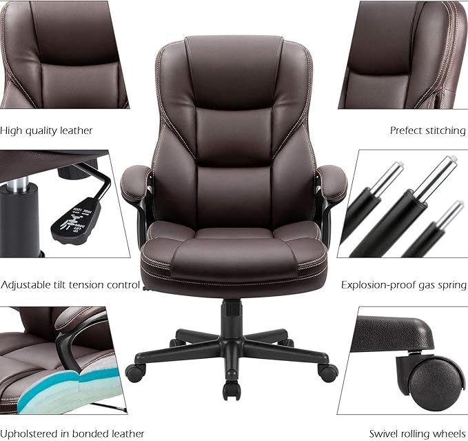Furmax Office Executive Chair High Back Adjustable Managerial Home Desk Chair, Swivel Computer PU Leather Chair with Lumbar Support (2, Brown)