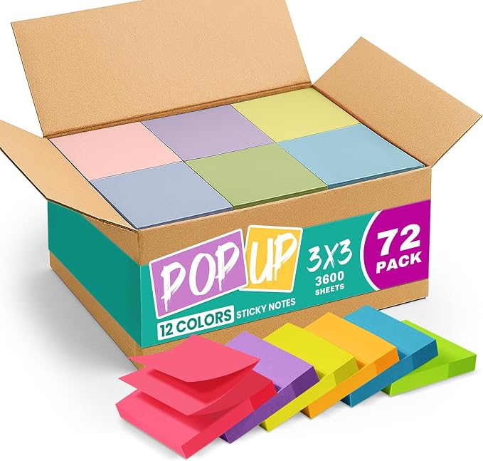 Taja 72 Pads Pop Up Sticky Notes, 3x3 Inches, Accordion Self-Stick Notes | Accordion Sticky Notes Refill for Dispenser, Bulk Sticky Notes for Office, Home, School, Meeting & Reminders, Bright