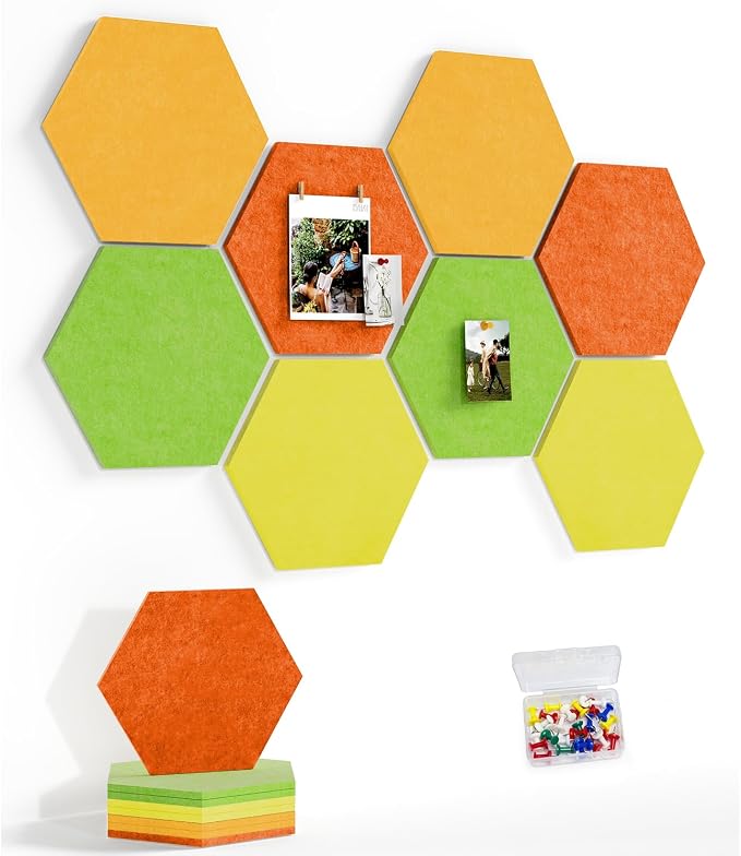 8-Pack Hexagon Felt Bulletin Board Tiles, Cork Board Alternative | For students and teachers creating vision boards in homes, offices, dorms or classrooms; includes 30 push pins.