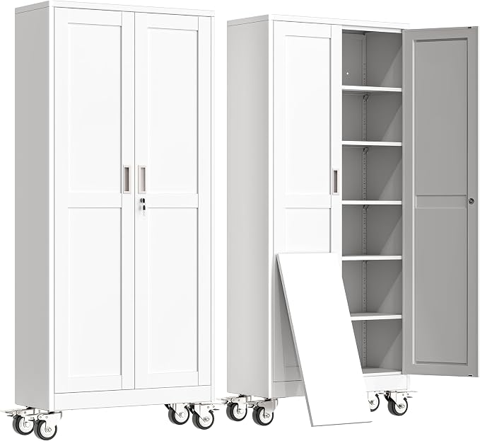 erosoei 75" H Metal Garage Storage Cabinet, Rolling Tool Cabinet with 2 Doors and Wheels, Locker Steel Cabinet with 5 Adjustable Shelves, Organization Cabinet for Garage,Office,Home,Gym,School（White）