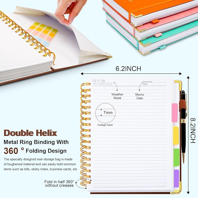 Hardcover Spiral Notebook 6.2"x 8.2" Journal Notebook with Tabs and Removable Dividers 300 Pages 5 Subject Notebook College Ruled, Faux Leather Spiral Bound Notebook for Women School Work (Brown)