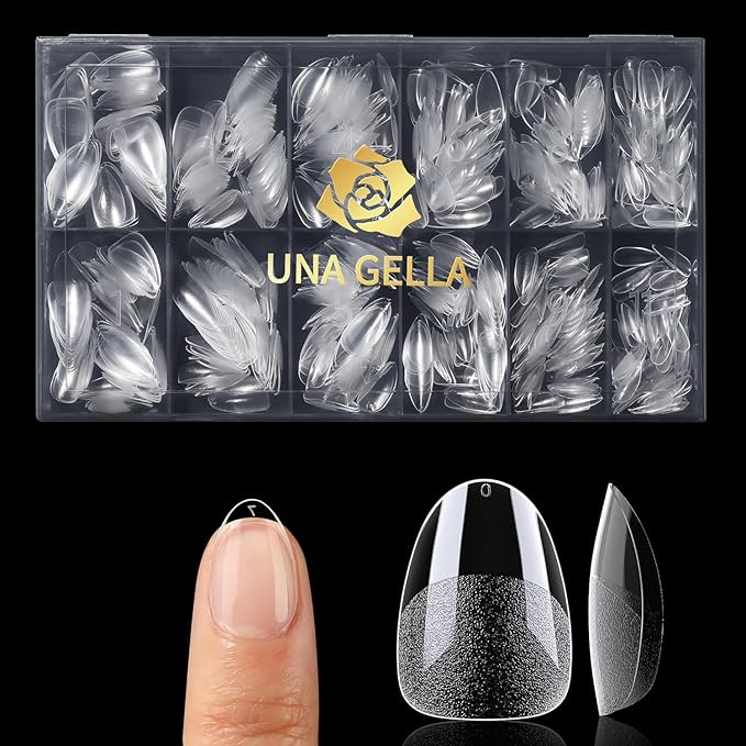 UNA GELLA Extra Short Almond Gel Nail Tips, 216 Pcs Pre-shape XS Almond Nail Tips Full Cover Press On Nails Half Matte Clear Fake Nails For Women Girl DIY Salon At Home 12 Sizes