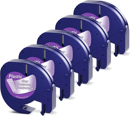 Label KINGDOM Compatible with DYMO Transparent LetraTag Label Maker Refills 16952 Clear Plastic Tape for Letra Tag LT-100H LT-100T QX50, 12mm x 4m, 5-Pack