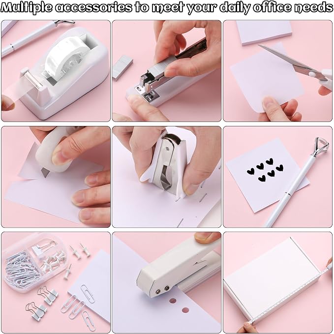 White Desk Accessory Kit Cute Office Supplies Set Desktop Stapler Set Includes Staple Remover Hole Punch Tape Dispenser Ballpoint Pen Scissor Mini Box Cutter Tape Measure Paper Clips Sticky Notes